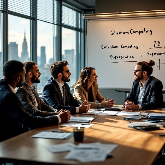 Five experts are talking about quantum technologies at a table - AI-generated image!